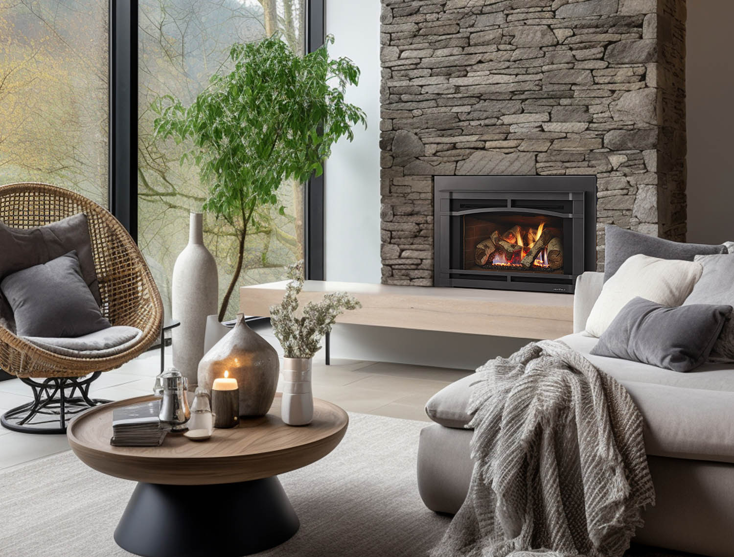 HNG_Supreme25_StratBrick_GMHalstonArch_BlkSur_Room045-copy Gas Insert in a living room with couch and chair